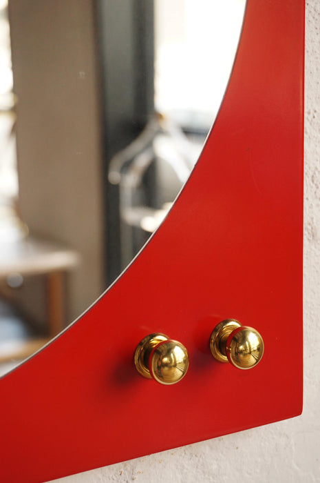 Red Mirror with Brass Hooks